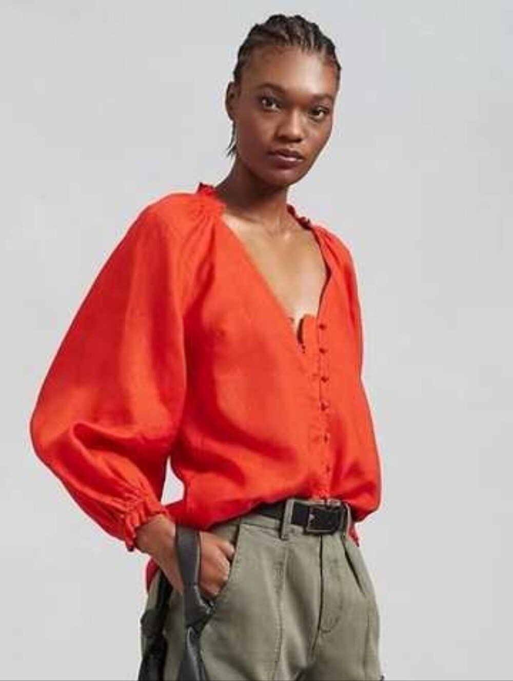 Anthropologie Maeve Audie 100% Linen Puff Sleeve Blouse Red Size XS Boho Coastal